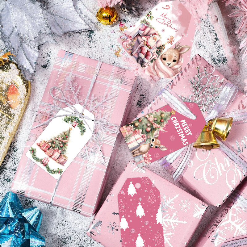 48gab Ziemassvētku piekarināmās birkas Rozā Ziemassvētku vecītis Briedis Priecīgus Ziemassvētkus Papīra Etiķetes Ziemassvētku ballīšu dekorēšanai DIY Dāvanu iesaiņošanas piederumi