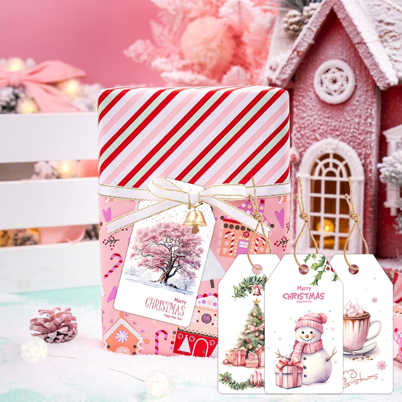 48gab Ziemassvētku piekarināmās birkas Rozā Ziemassvētku vecītis Briedis Priecīgus Ziemassvētkus Papīra Etiķetes Ziemassvētku ballīšu dekorēšanai DIY Dāvanu iesaiņošanas piederumi
