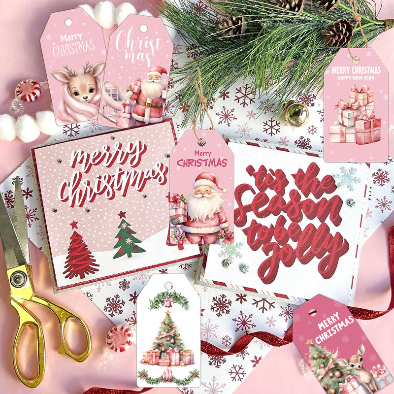 48gab Ziemassvētku piekarināmās birkas Rozā Ziemassvētku vecītis Briedis Priecīgus Ziemassvētkus Papīra Etiķetes Ziemassvētku ballīšu dekorēšanai DIY Dāvanu iesaiņošanas piederumi