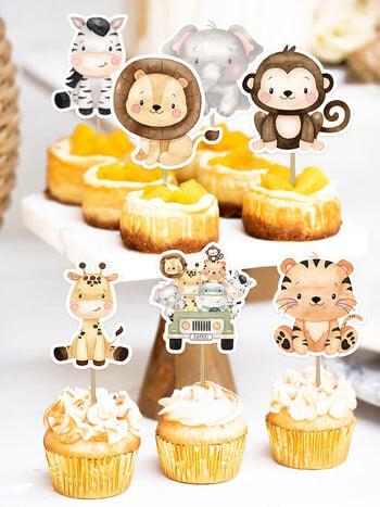 24 τεμ. Χαρτοκιβώτιο Wild Animal Cake Toppers Cute Cupcake Topper For Kids Jungle Safari Διακόσμηση πάρτι γενεθλίων DIY Προμήθειες για τούρτες