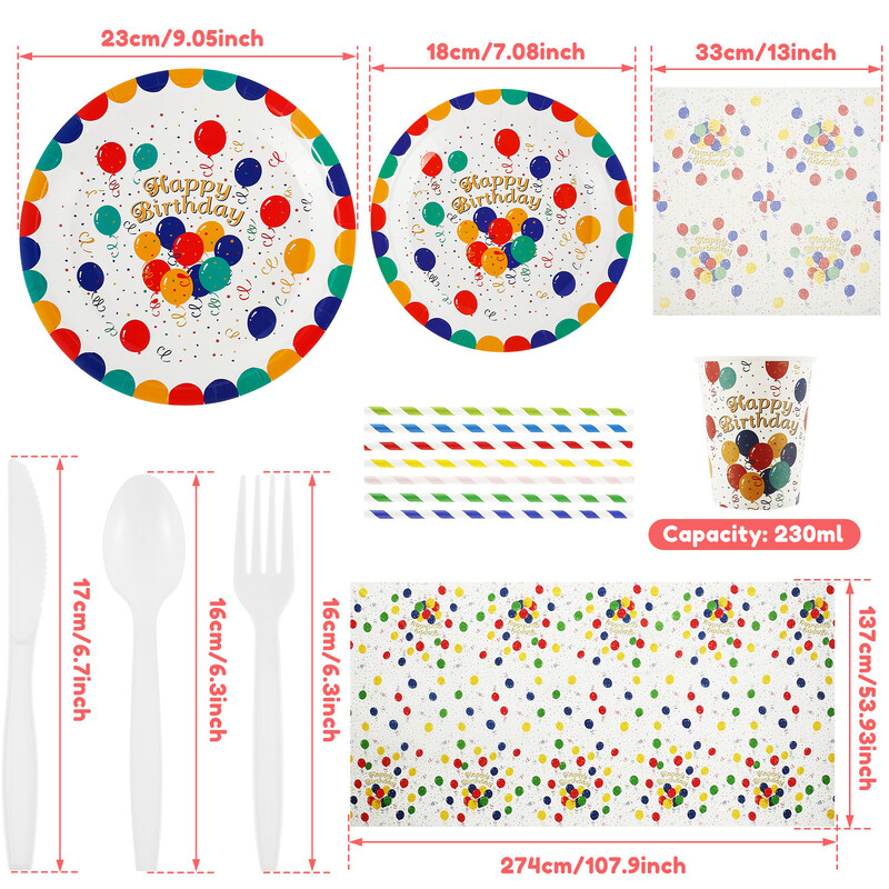 106 buc. Accesorii pentru petreceri Set veselă colorat pentru aniversare, cu farfurii de hârtie, cești, paie, tăietoare, furculițe, linguri, șervețele