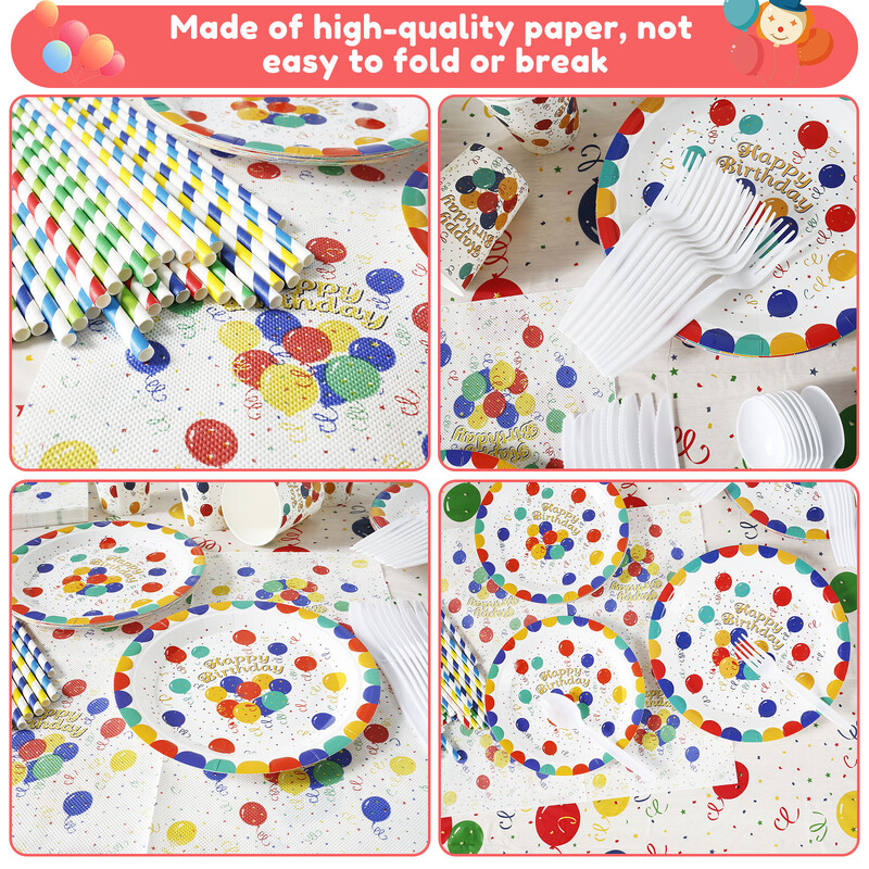 106 buc. Accesorii pentru petreceri Set veselă colorat pentru aniversare, cu farfurii de hârtie, cești, paie, tăietoare, furculițe, linguri, șervețele