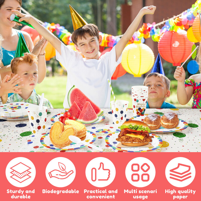 106 buc. Accesorii pentru petreceri Set veselă colorat pentru aniversare, cu farfurii de hârtie, cești, paie, tăietoare, furculițe, linguri, șervețele