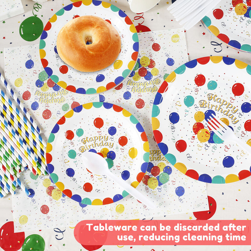 106 buc. Accesorii pentru petreceri Set veselă colorat pentru aniversare, cu farfurii de hârtie, cești, paie, tăietoare, furculițe, linguri, șervețele