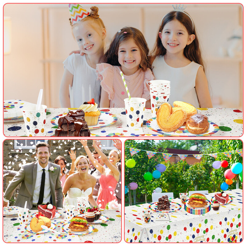 106 buc. Accesorii pentru petreceri Set veselă colorat pentru aniversare, cu farfurii de hârtie, cești, paie, tăietoare, furculițe, linguri, șervețele