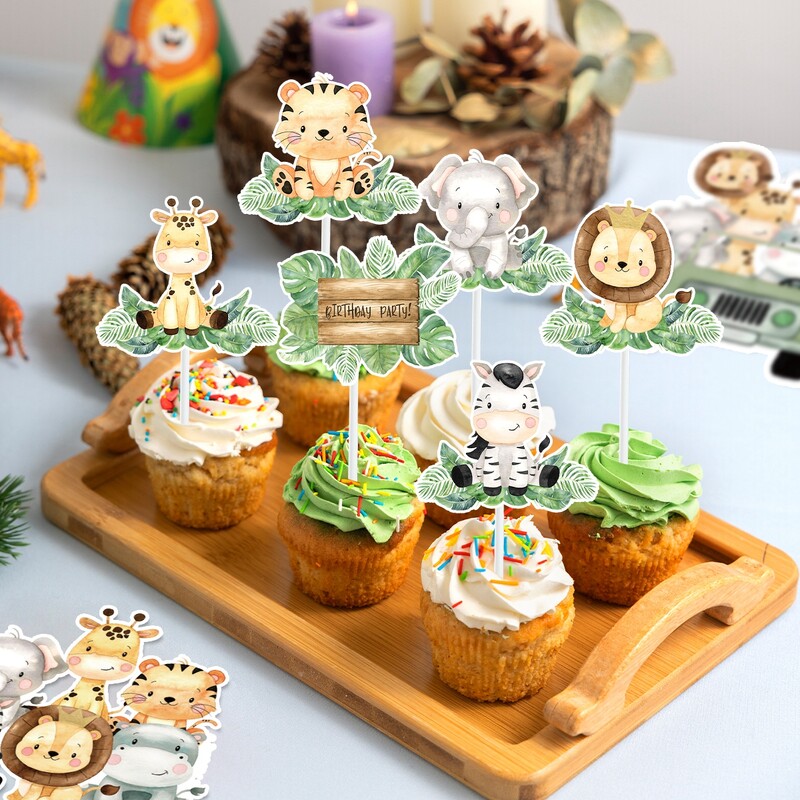 Džungļu dzīvnieki kūkas ieliktnis Cupcake toppers Džungļu safari dzimšanas dienas ballīšu dekors Bērnu dzimšanas dienas ballīšu piederumi Bērnu dušas priekšrocības