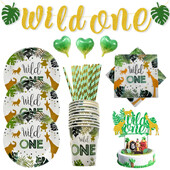 Wild One Birthday Decor Σετ επιτραπέζιων σκευών μιας χρήσης Πιάτα Πιάτα Χαρτοπετσέτες Σημαίες Cake Topper Balloons Ζούγκλα με θέμα το πάρτι