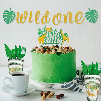 Wild One Birthday Decor Σετ επιτραπέζιων σκευών μιας χρήσης Πιάτα Πιάτα Χαρτοπετσέτες Σημαίες Cake Topper Balloons Ζούγκλα με θέμα το πάρτι