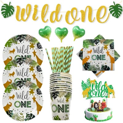 Wild One Birthday Decor Set posuđa za jednokratnu upotrebu Šalice Tanjuri Salvete Zastavice Pokrivač za tortu Baloni Potrepštine za zabavu na temu džungle