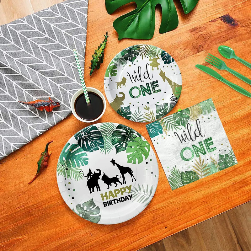Laukinis vieno gimtadienio dekoras Vienkartinių stalo reikmenų rinkinys Puodeliai Lėkštės Servetėlės Vėliavos Tortų viršus Balionai Džiunglių tema Vakarėlio reikmenys