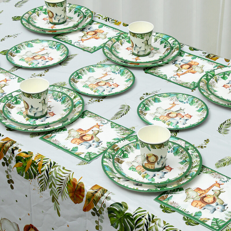 Džungļu dzīvnieku vienreizlietojamie trauki Džungļu safari dzimšanas dienas ballītes dekors bērniem savvaļas vienas dzimšanas dienas ballītes piederumi Baby Shower Woodland