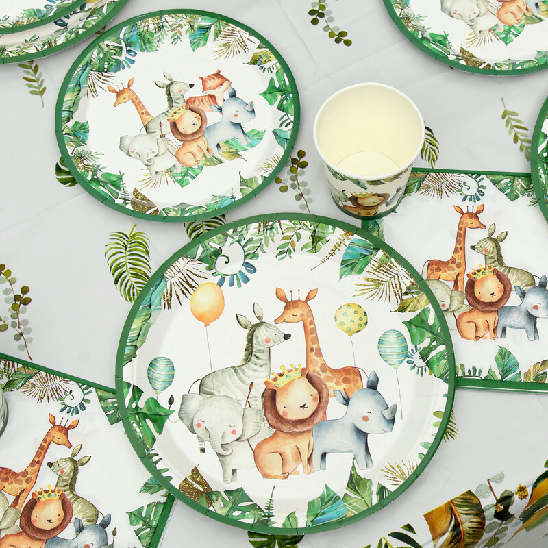 Džungļu dzīvnieku vienreizlietojamie trauki Džungļu safari dzimšanas dienas ballītes dekors bērniem savvaļas vienas dzimšanas dienas ballītes piederumi Baby Shower Woodland