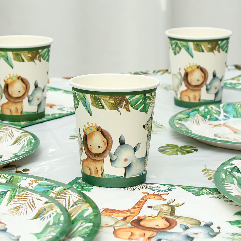 Džungļu dzīvnieku vienreizlietojamie trauki Džungļu safari dzimšanas dienas ballītes dekors bērniem savvaļas vienas dzimšanas dienas ballītes piederumi Baby Shower Woodland