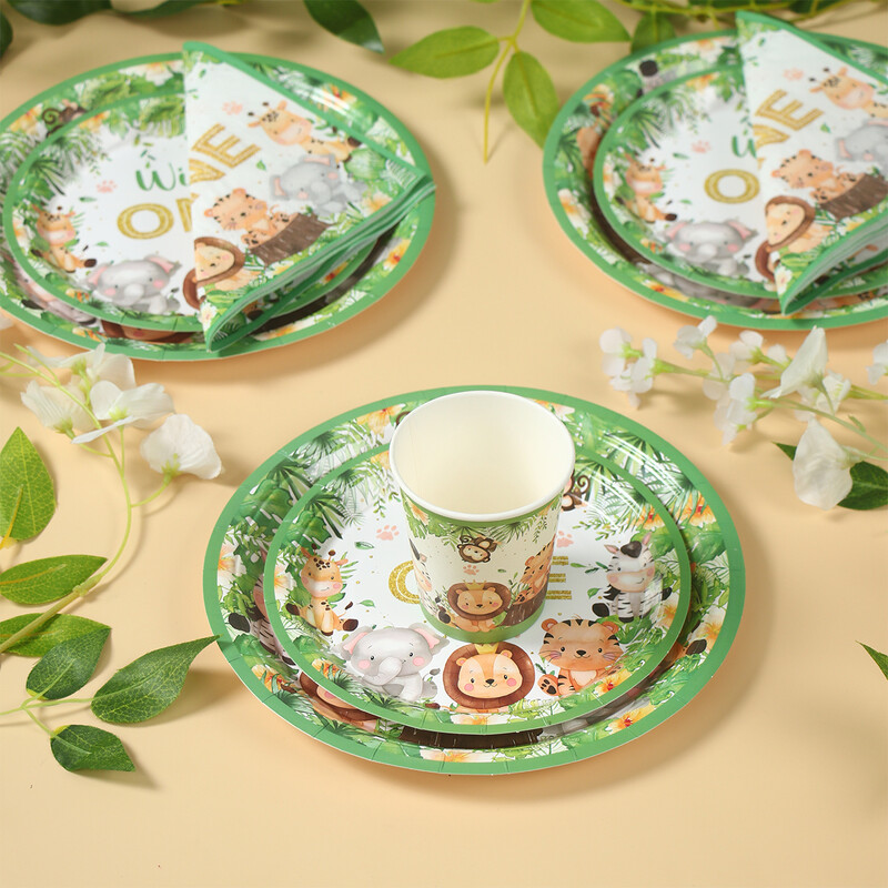 Savvaļas viena galda trauki Džungļu dzīvnieku ballīšu rotājumi Džungļu safari galda piederumi Papīra šķīvji bērniem Bērnu duša dzimšanas dienas ballīšu piederumi