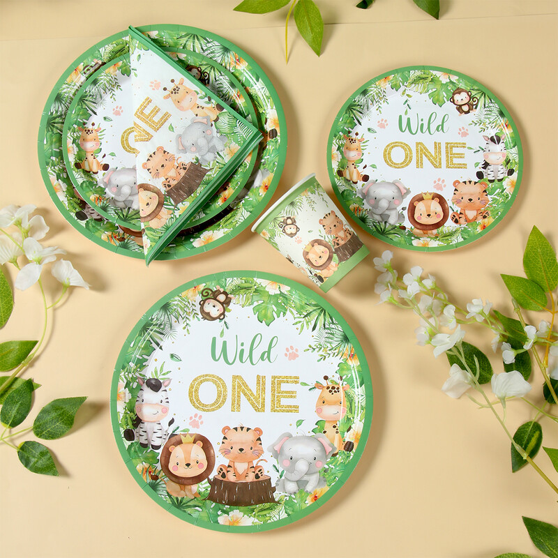 Savvaļas viena galda trauki Džungļu dzīvnieku ballīšu rotājumi Džungļu safari galda piederumi Papīra šķīvji bērniem Bērnu duša dzimšanas dienas ballīšu piederumi
