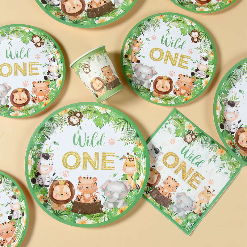 Savvaļas viena galda trauki Džungļu dzīvnieku ballīšu rotājumi Džungļu safari galda piederumi Papīra šķīvji bērniem Bērnu duša dzimšanas dienas ballīšu piederumi
