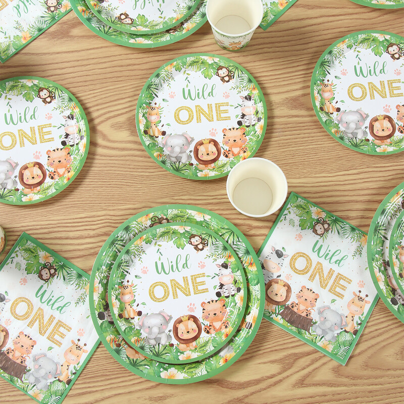 Savvaļas viena galda trauki Džungļu dzīvnieku ballīšu rotājumi Džungļu safari galda piederumi Papīra šķīvji bērniem Bērnu duša dzimšanas dienas ballīšu piederumi