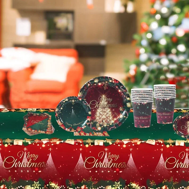 Priecīgas Ziemassvētku ballītes vienreizlietojamie trauki 2024. gada Ziemassvētku noformējums mājām Ziemassvētku ballīšu piederumi Šķīvīšu krūze Navidad Jaunais gads