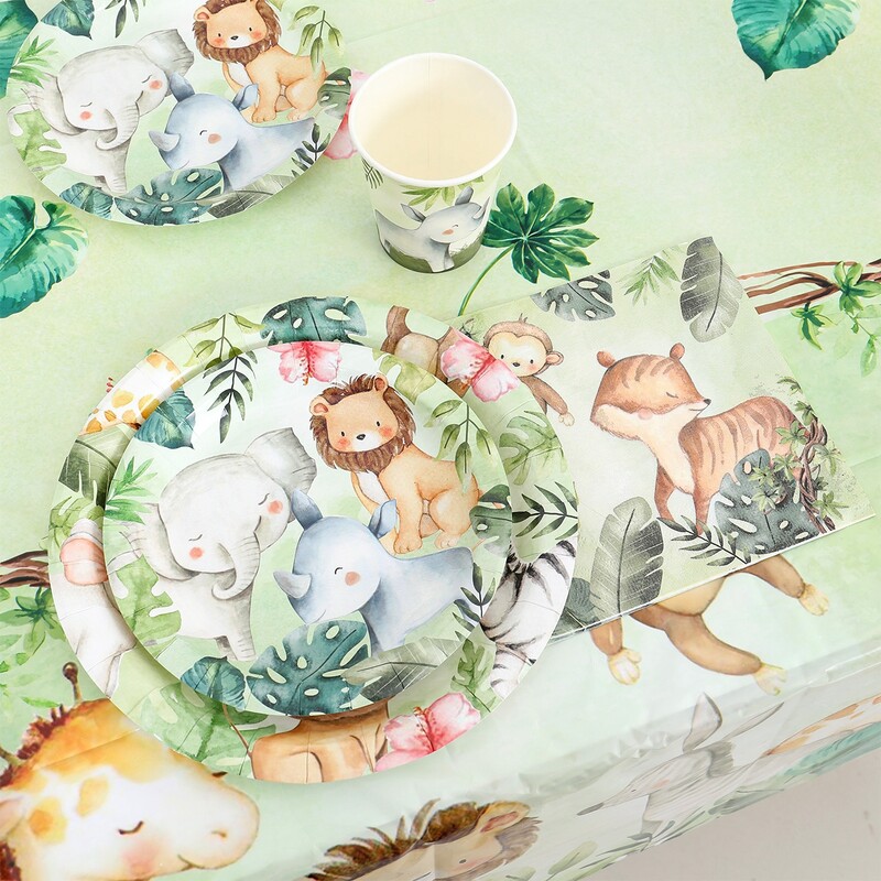 Džungļu dzīvnieku tēmas vienreizējās lietošanas galda piederumu komplekts Savvaļas viena mazuļa duša zēnam Woodland Safari dzimšanas dienas dekorēšanas piederumi