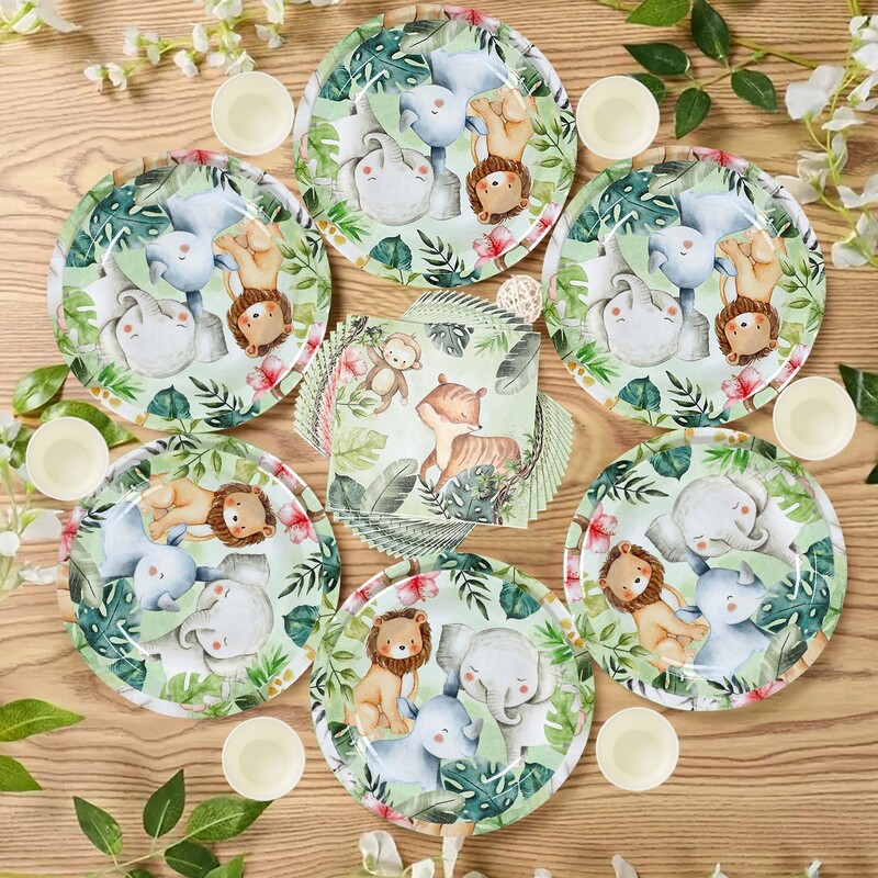 Džungļu dzīvnieku tēmas vienreizējās lietošanas galda piederumu komplekts Savvaļas viena mazuļa duša zēnam Woodland Safari dzimšanas dienas dekorēšanas piederumi