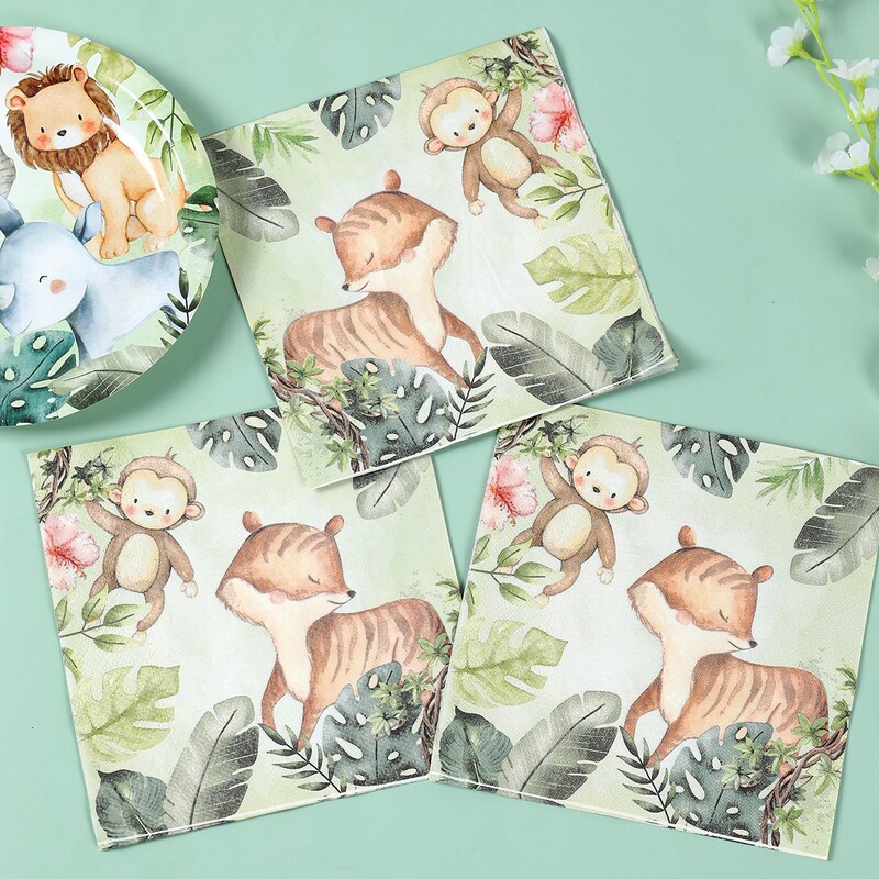 Džungļu dzīvnieku tēmas vienreizējās lietošanas galda piederumu komplekts Savvaļas viena mazuļa duša zēnam Woodland Safari dzimšanas dienas dekorēšanas piederumi