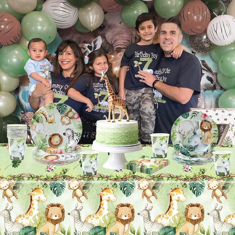 Džungļu dzīvnieku tēmas vienreizējās lietošanas galda piederumu komplekts Savvaļas viena mazuļa duša zēnam Woodland Safari dzimšanas dienas dekorēšanas piederumi