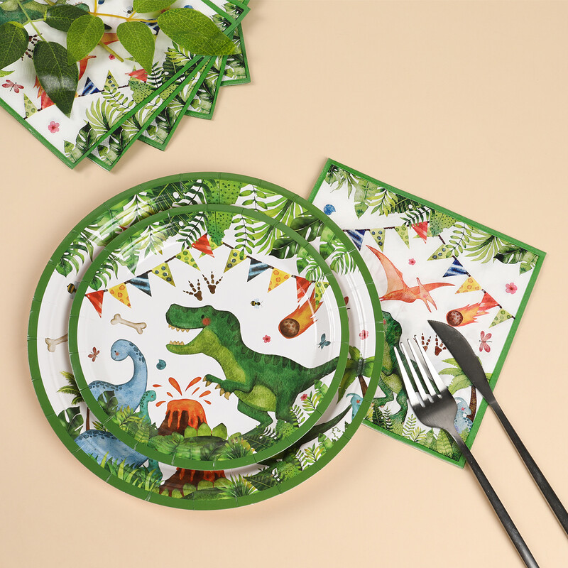 Dinozauru vienreizlietojamie galda piederumi Vakariņu šķīvju krūzes Džungļu dzīvnieki Dzimšanas dienas svinību dekori Bērni Dino ballīšu piederumi Bērnu dušas priekšrocības