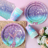 Set de veselă pentru petrecere cu cântare de pește mov, coadă de pește, veselă de unică folosință, farfurie de hârtie, cană de hârtie, șervețel