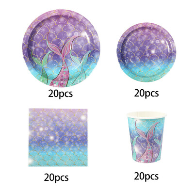 Set de veselă pentru petrecere cu cântare de pește mov, coadă de pește, veselă de unică folosință, farfurie de hârtie, cană de hârtie, șervețel