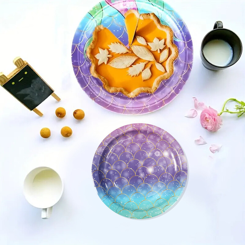 Set de veselă pentru petrecere cu cântare de pește mov, coadă de pește, veselă de unică folosință, farfurie de hârtie, cană de hârtie, șervețel