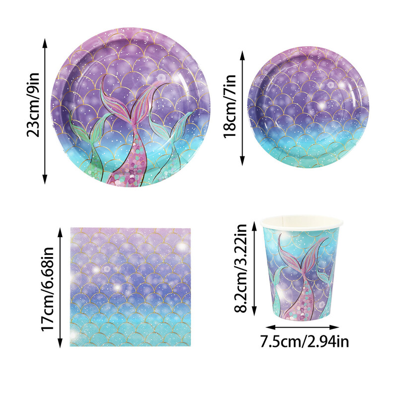 Set de veselă pentru petrecere cu cântare de pește mov, coadă de pește, veselă de unică folosință, farfurie de hârtie, cană de hârtie, șervețel