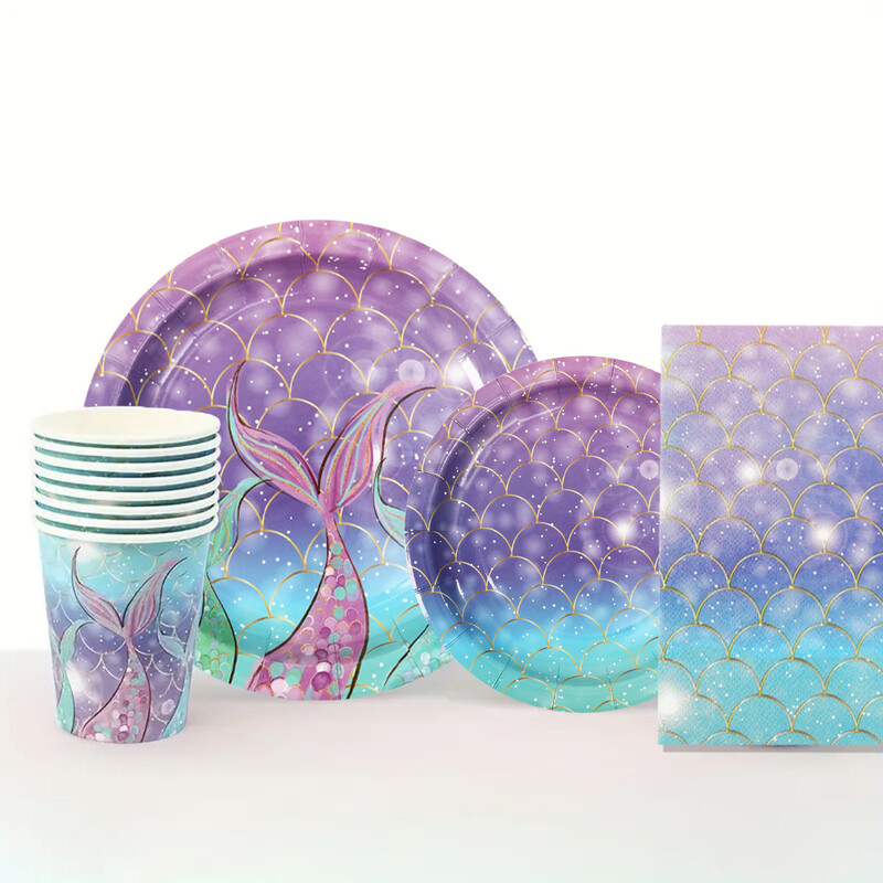 Set de veselă pentru petrecere cu cântare de pește mov, coadă de pește, veselă de unică folosință, farfurie de hârtie, cană de hârtie, șervețel