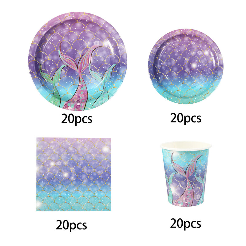 Set de veselă pentru petrecere cu cântare de pește mov, coadă de pește, veselă de unică folosință, farfurie de hârtie, cană de hârtie, șervețel