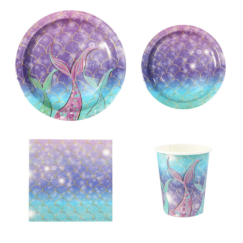 Set de veselă pentru petrecere cu cântare de pește mov, coadă de pește, veselă de unică folosință, farfurie de hârtie, cană de hârtie, șervețel