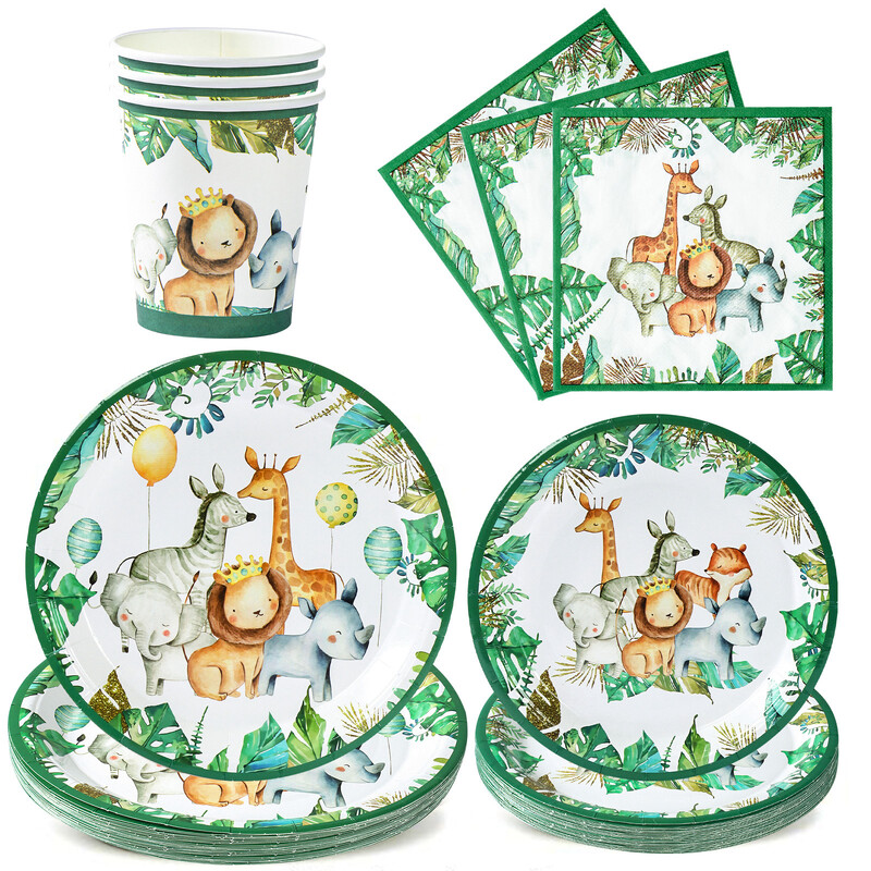 Džiunglių gyvūnų stalo reikmenys Laimingo gimtadienio vakarėlio dekoracijos Vaikų berniukų safario teminės vakarėlio dekoracijos Žaliojo miško miško reikmenys