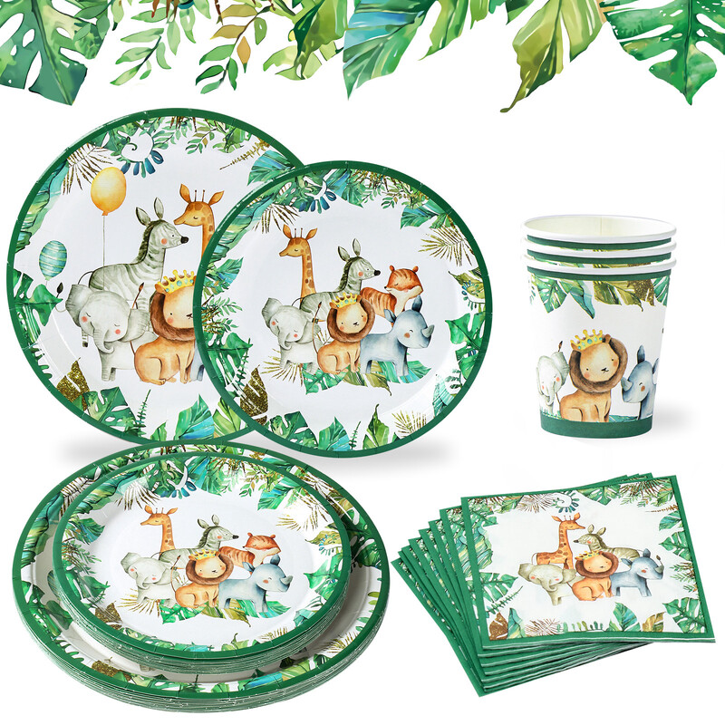 Džiunglių gyvūnų stalo reikmenys Laimingo gimtadienio vakarėlio dekoracijos Vaikų berniukų safario teminės vakarėlio dekoracijos Žaliojo miško miško reikmenys