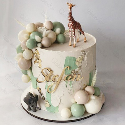 Safari Cake Toppers Sage Green Cream Beige Balls Cake Decor Elephant Giraffe Cake Decoration Safari Birthday Party Supplies