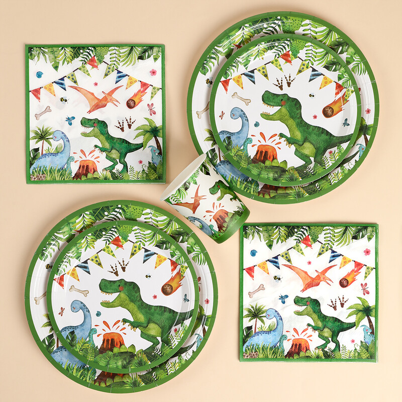 Dinozaur Veselă de unică folosință Farfurie Cești Animale din junglă Decor petrecere de aniversare Copii Dino Rechizite pentru petreceri Favoruri pentru baby shower