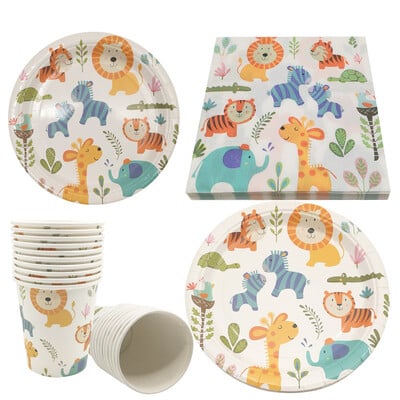 JQSYRISE Životinje iz džungle Rođendanska zabava Papirnati tanjuri Šalice Salvete Jednokratno posuđe Baby Shower Kids Safari Party Decor Supplies