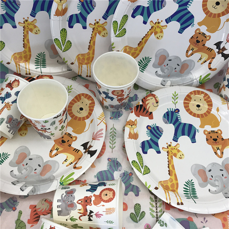 JQSYRISE Animale din junglă, petrecere de aniversare, farfurie de hârtie, ceașcă, șervețele, veselă de unică folosință, pentru baby shower, pentru copii, safari, pentru decorațiuni pentru petreceri