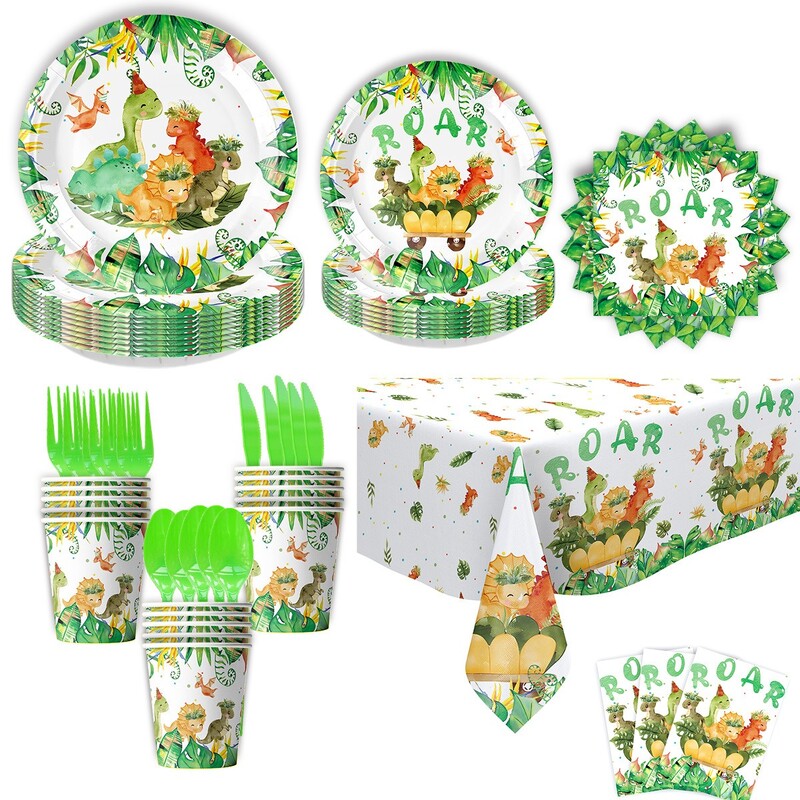 10 invitați Roar Tema Dinozaur Petrecere de aniversare Veselă de unică folosință pentru copii Dinozaur Farfurii Cești Servețele Copii Favoare Dinozaur Ziua de naștere