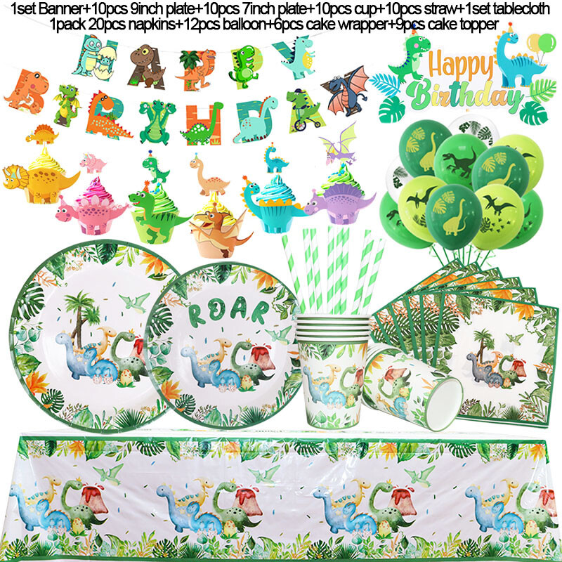 Set de tacamuri de unica folosinta din dinozaur Roar Fata de masa de dinozaur Banner Farfurii de hartie Cesti Baby Shower Decoratiuni pentru petrecerea de aniversare pentru copii