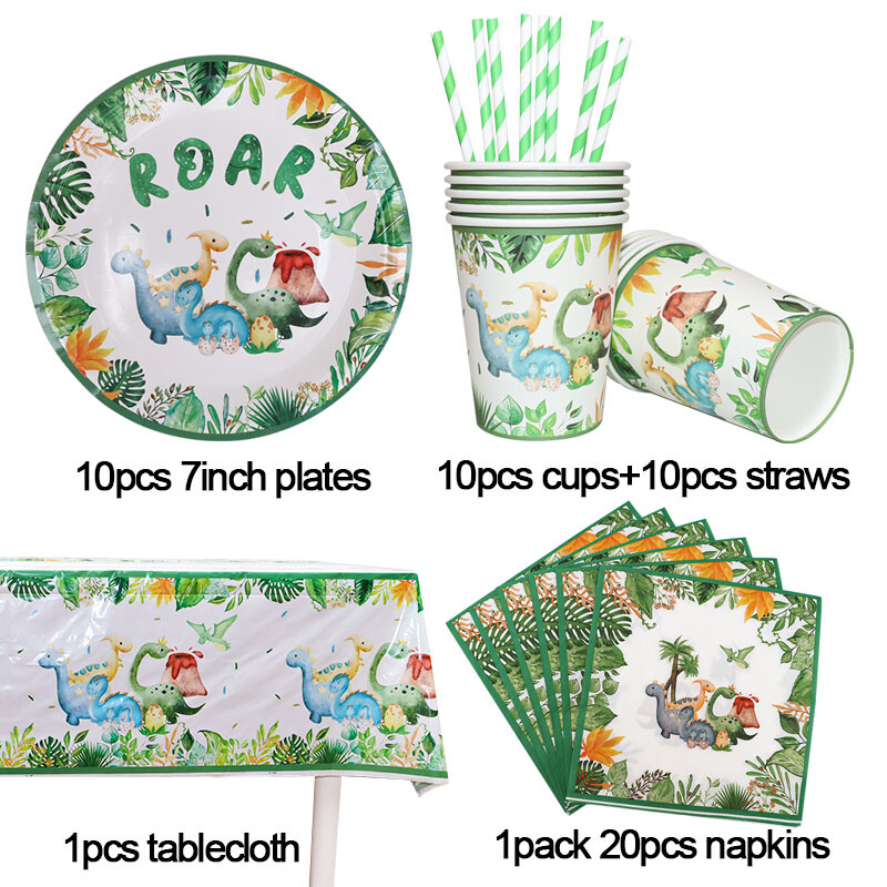 Set de tacamuri de unica folosinta din dinozaur Roar Fata de masa de dinozaur Banner Farfurii de hartie Cesti Baby Shower Decoratiuni pentru petrecerea de aniversare pentru copii