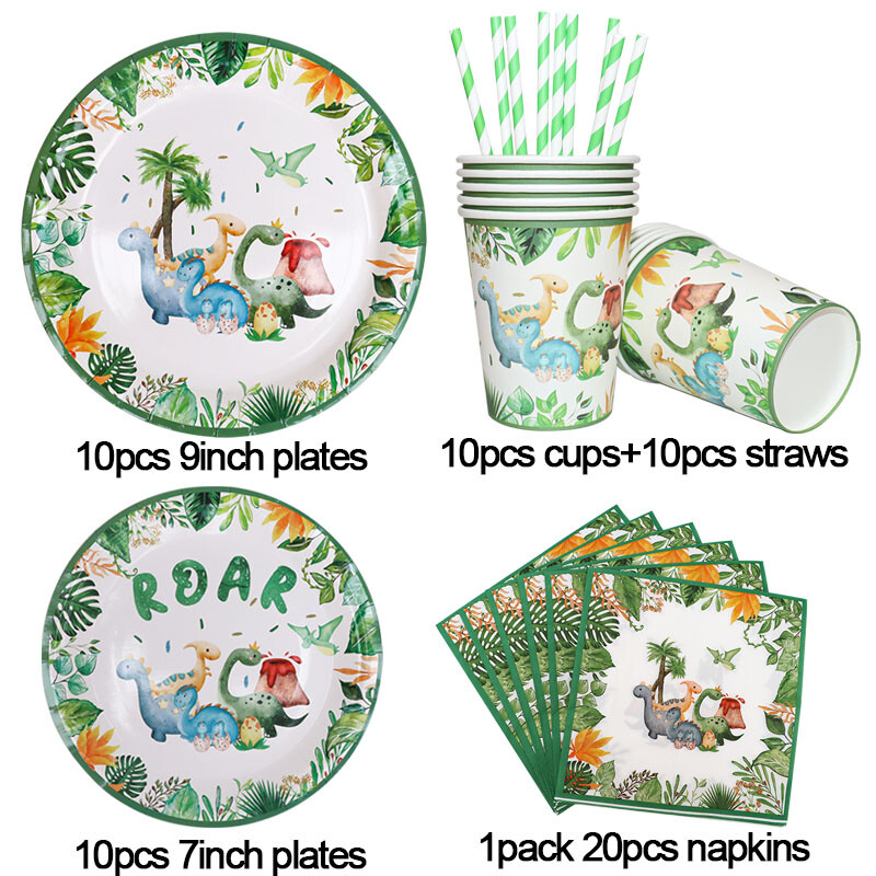 Set de tacamuri de unica folosinta din dinozaur Roar Fata de masa de dinozaur Banner Farfurii de hartie Cesti Baby Shower Decoratiuni pentru petrecerea de aniversare pentru copii