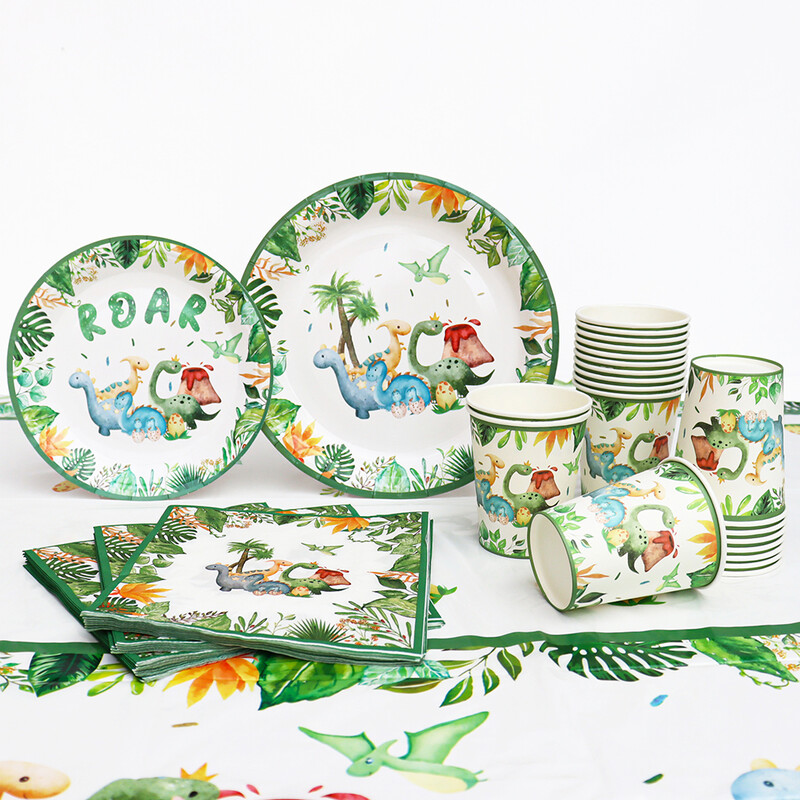 Set de tacamuri de unica folosinta din dinozaur Roar Fata de masa de dinozaur Banner Farfurii de hartie Cesti Baby Shower Decoratiuni pentru petrecerea de aniversare pentru copii
