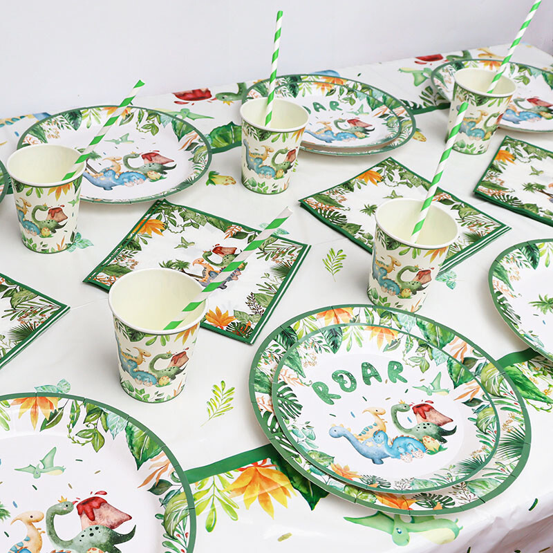 Set de tacamuri de unica folosinta din dinozaur Roar Fata de masa de dinozaur Banner Farfurii de hartie Cesti Baby Shower Decoratiuni pentru petrecerea de aniversare pentru copii