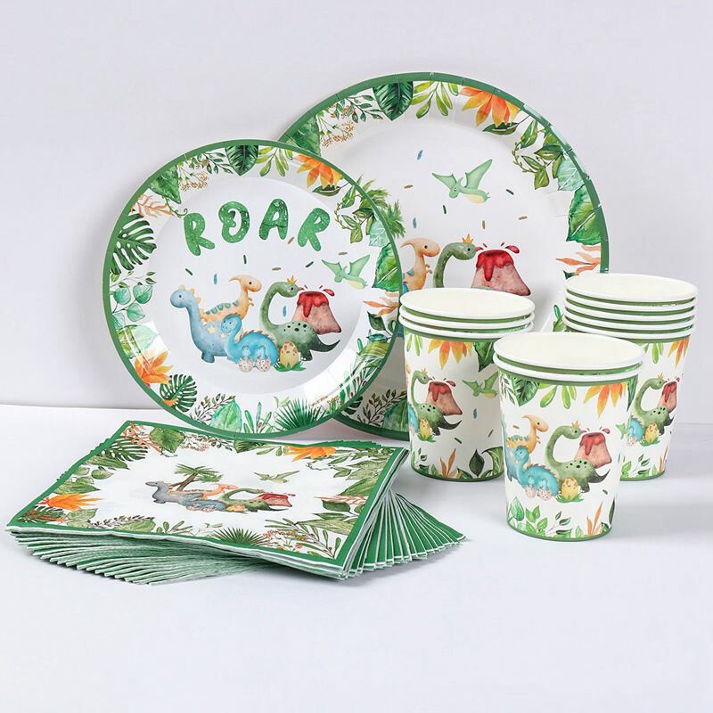 Vienkartinės dinozaurų gimtadienio lėkštės Stalo reikmenys Roar Dinosaur Party Dekoracija Vaikams Kūdikių dušas Džiunglių Safari Gimtadienio vakarėlio reikmenys