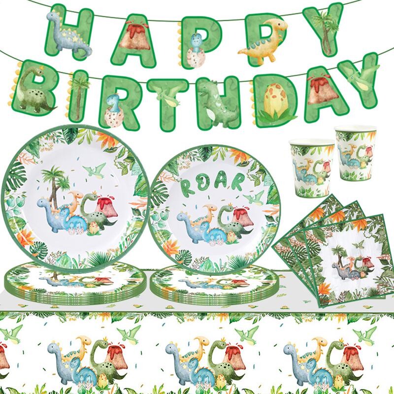 Vienkartinės dinozaurų gimtadienio lėkštės Stalo reikmenys Roar Dinosaur Party Dekoracija Vaikams Kūdikių dušas Džiunglių Safari Gimtadienio vakarėlio reikmenys