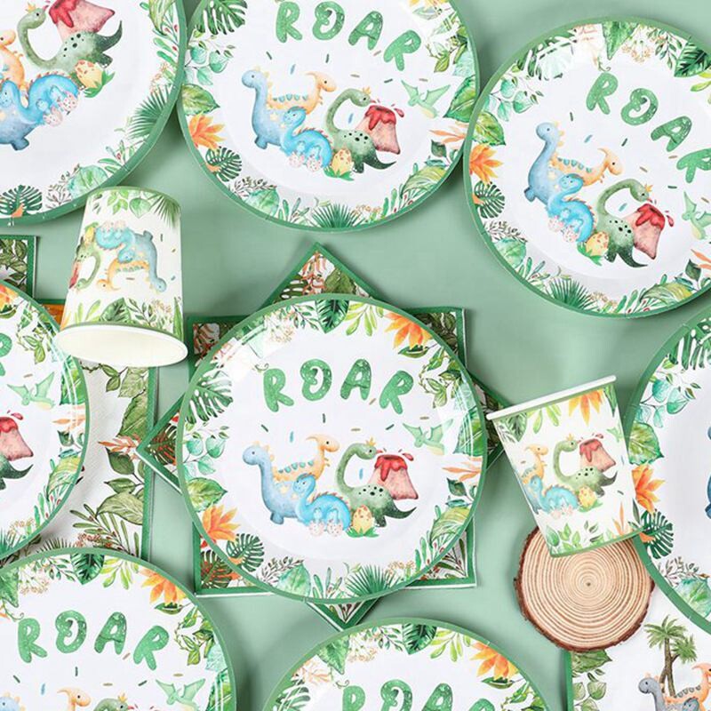 Vienkartinės dinozaurų gimtadienio lėkštės Stalo reikmenys Roar Dinosaur Party Dekoracija Vaikams Kūdikių dušas Džiunglių Safari Gimtadienio vakarėlio reikmenys