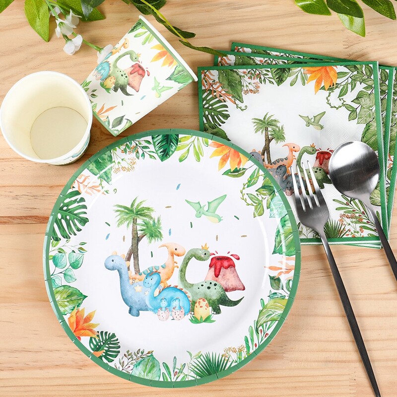 Vienkartinės dinozaurų gimtadienio lėkštės Stalo reikmenys Roar Dinosaur Party Dekoracija Vaikams Kūdikių dušas Džiunglių Safari Gimtadienio vakarėlio reikmenys